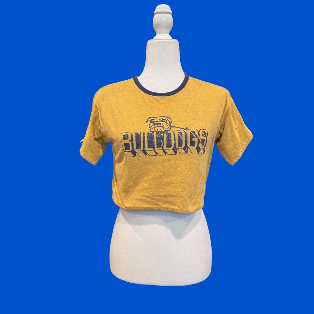 BDG Bulldogs Graphic Ringer Crop Top Women M Yellow Good Vintage Collegiate Tee
